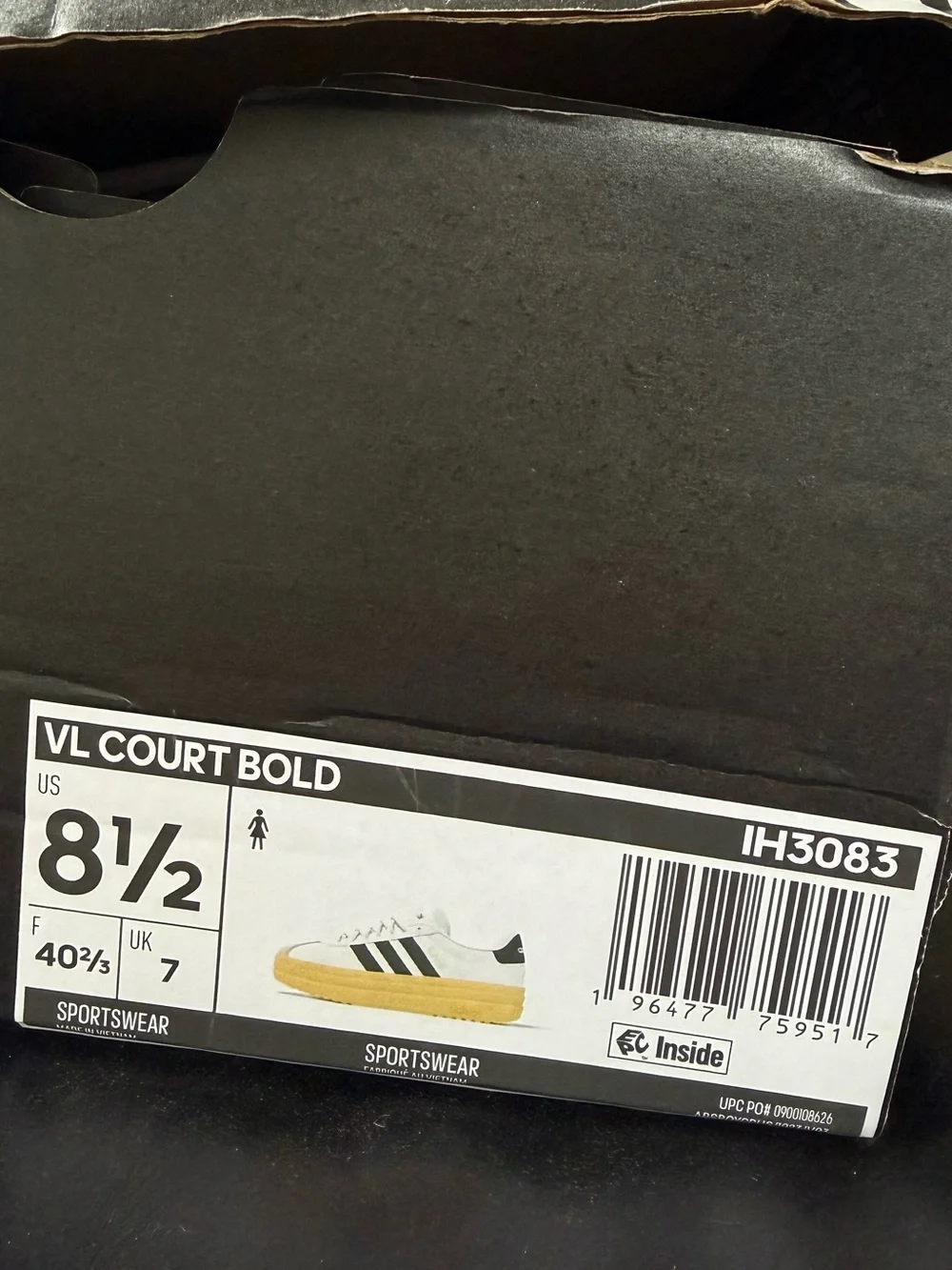 adidas White and Black VL Court Bold Sneakers - Picture 8 of 9